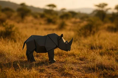 Origami Rhinoceros Sculpture In African Savanna