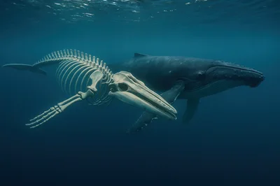 Humpback Whale Swimming Beside A Floating Skeleton