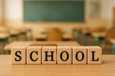 Wooden Blocks Spelling School On A Classroom Desk