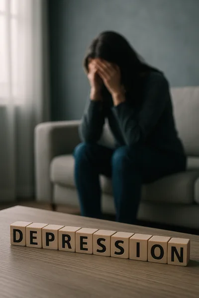 Depressed Woman Sitting On Sofa With Wooden Blocks