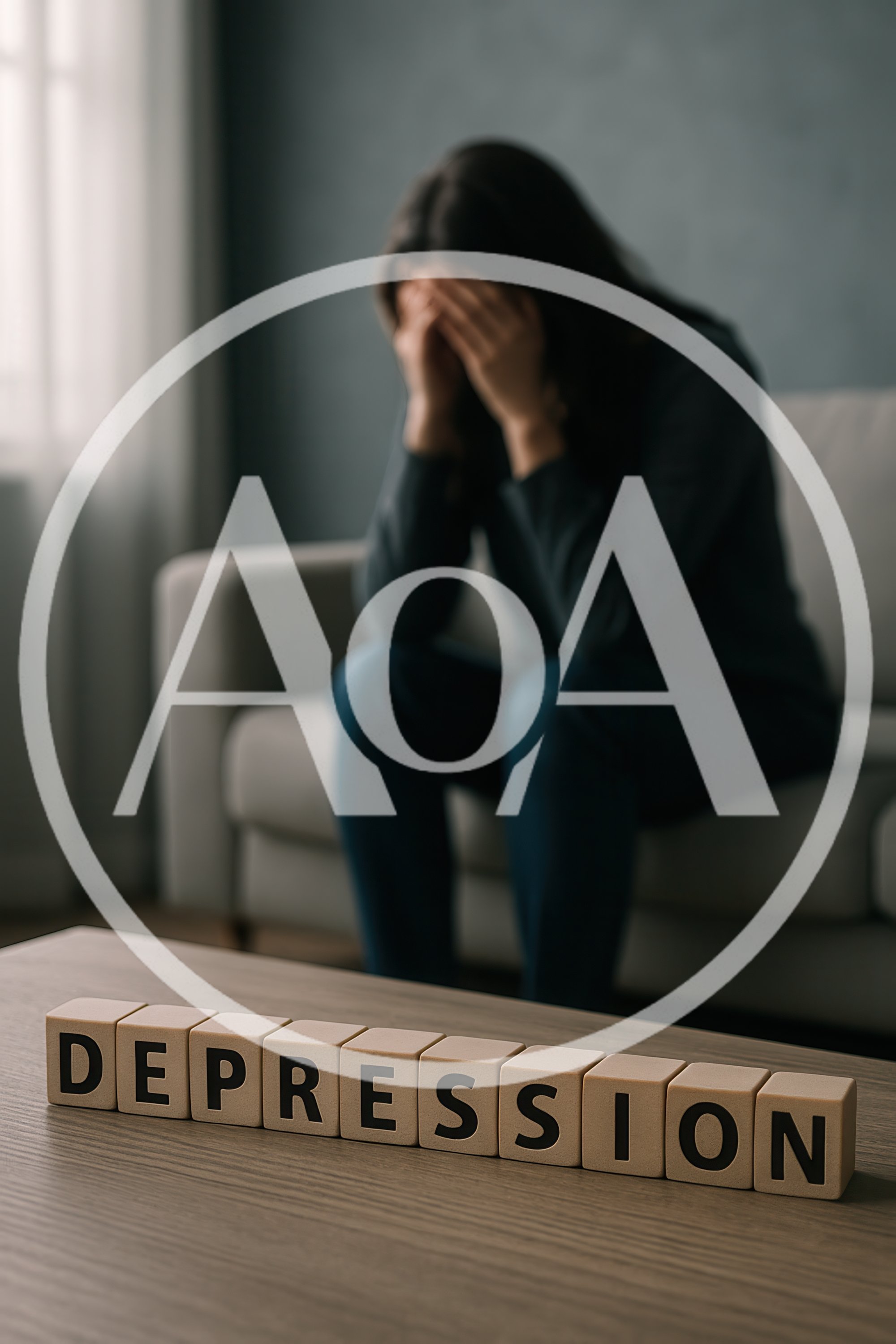 Depressed Woman Sitting On Sofa With Wooden Blocks
