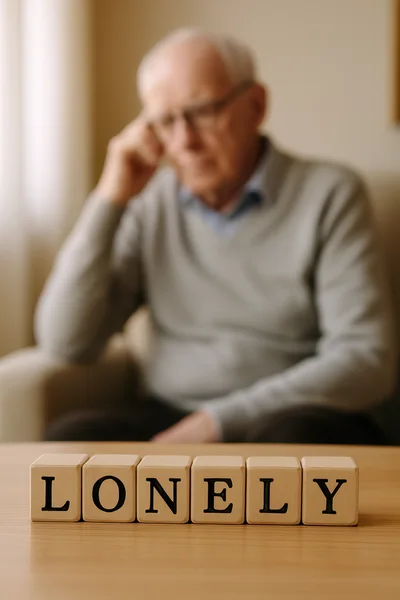 Elderly Man Sitting Alone With Lonely Wooden Blocks