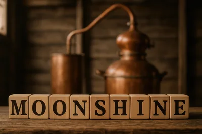 Wooden Blocks Spelling Moonshine With Copper Still Background
