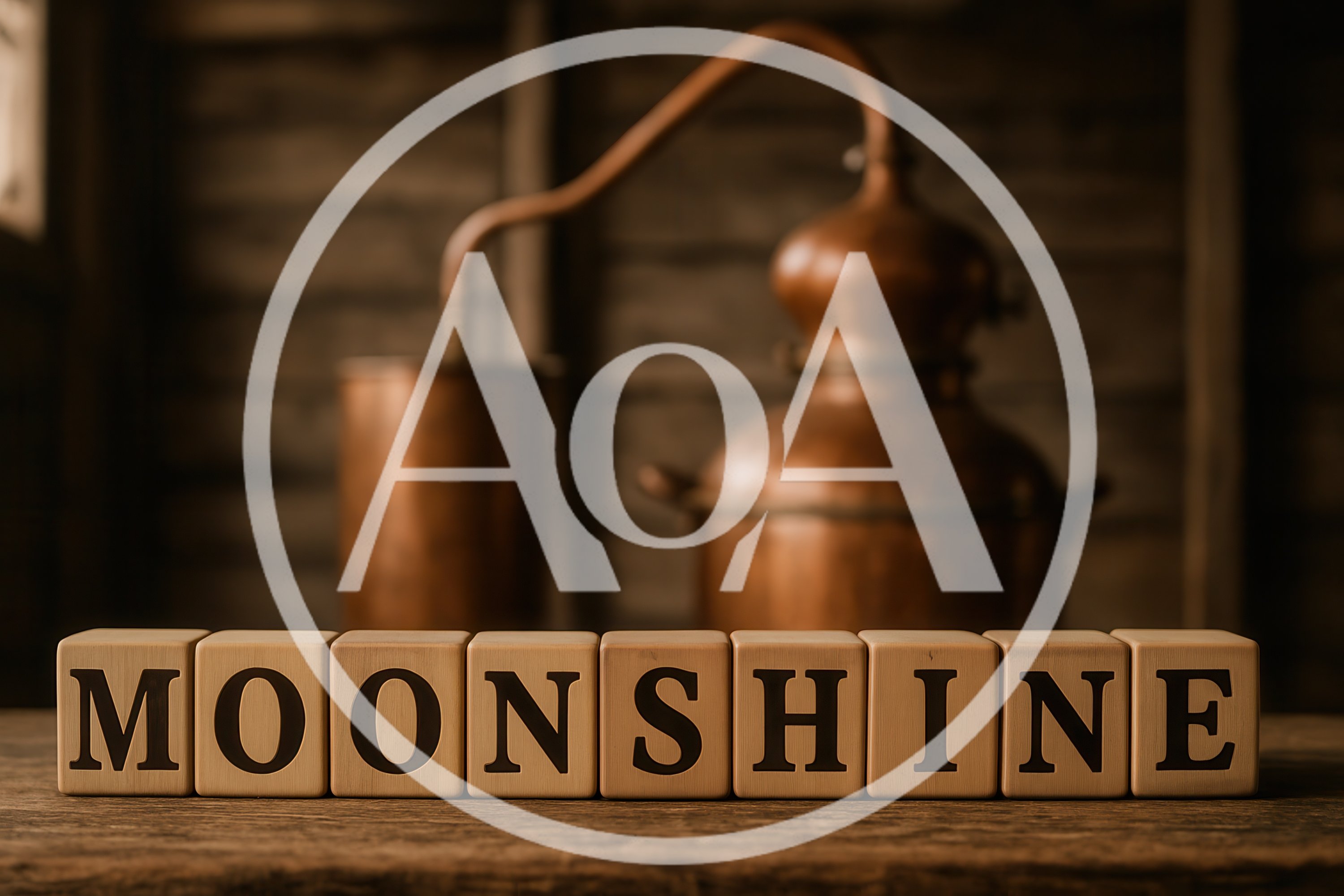 Wooden Blocks Spelling Moonshine With Copper Still Background