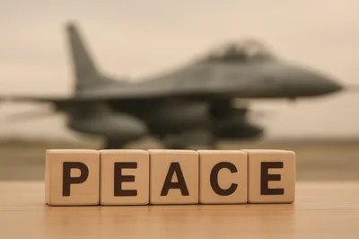 Wooden Blocks Spelling Peace With Fighter Jet Background