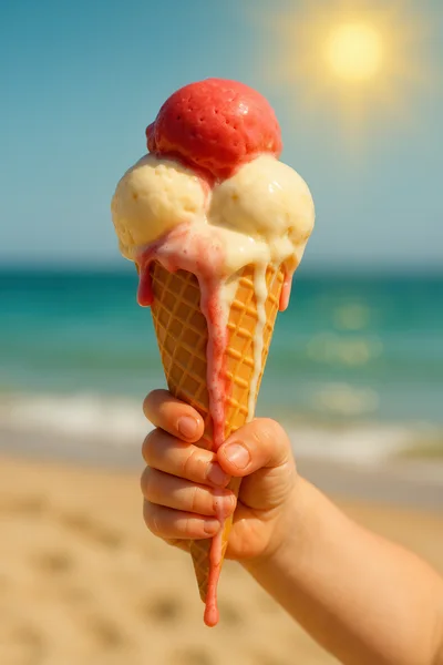 Toddler Hand Holding Melting Ice Cream Cone On Beach