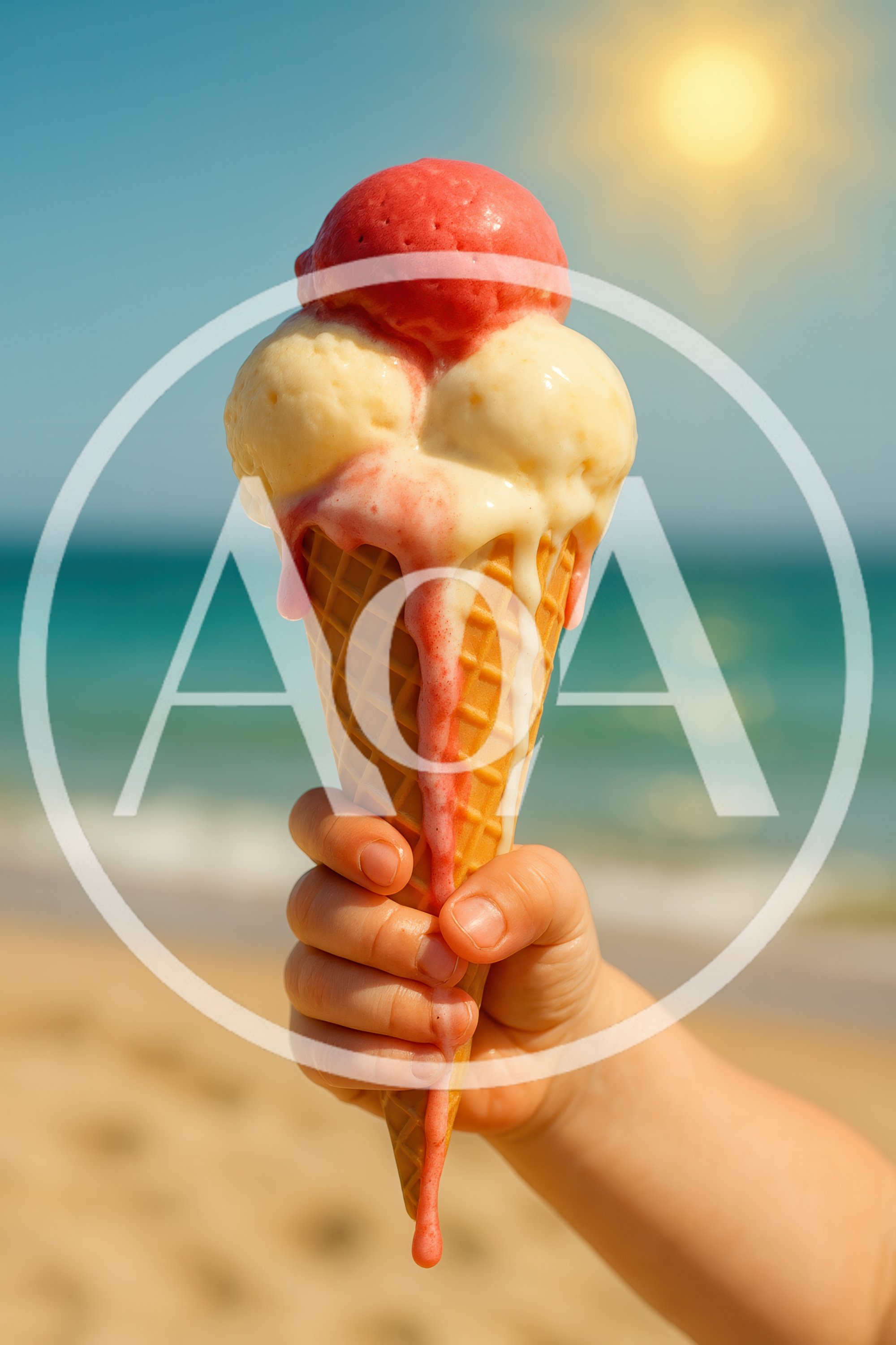 Toddler Hand Holding Melting Ice Cream Cone On Beach