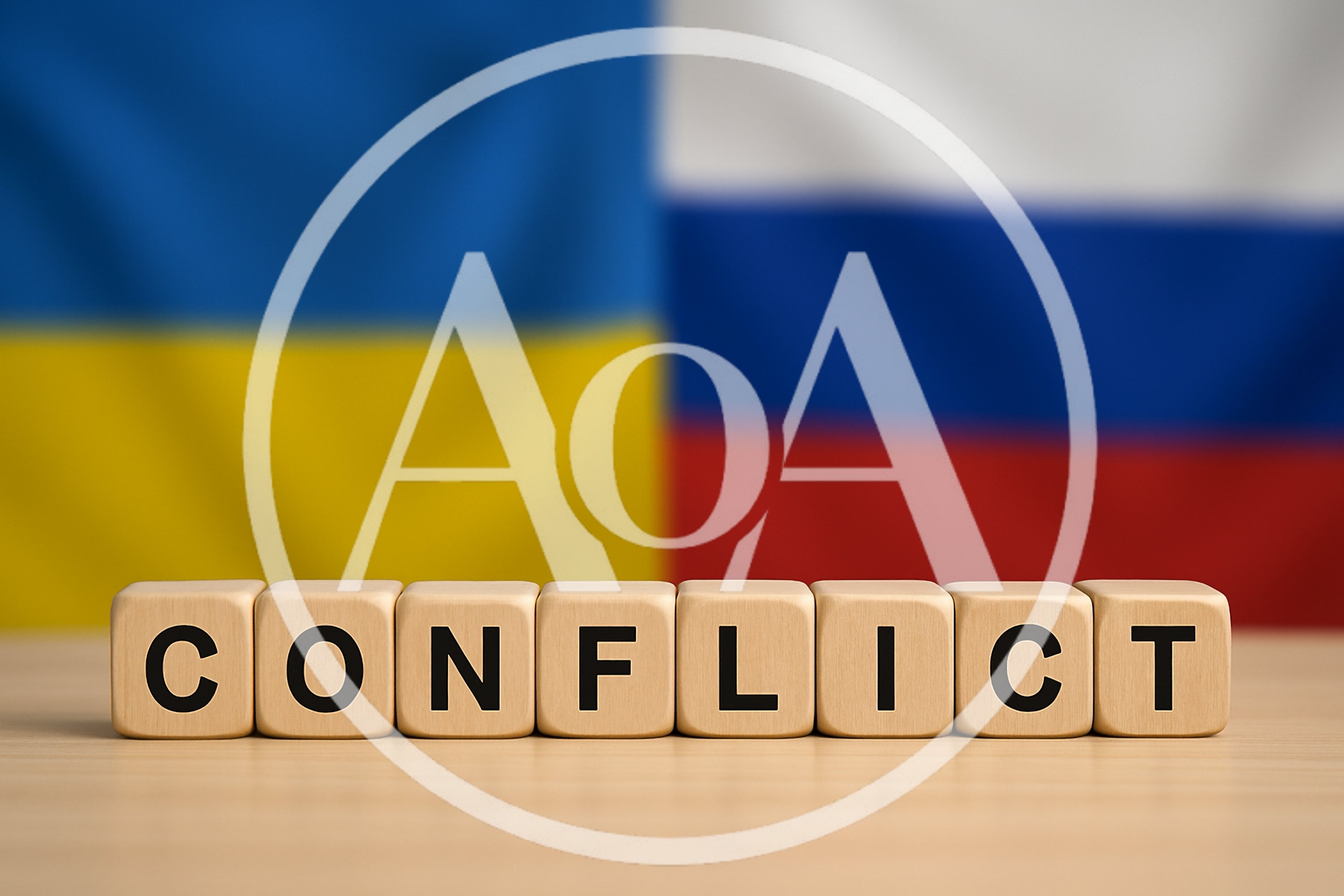 Wooden Blocks Spelling Conflict Against Ukrainian and Russian Flags