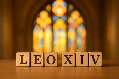 Wooden Blocks Spelling Leo XIV In A Church