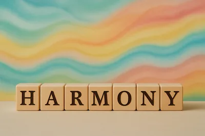 Wooden Blocks Spelling Harmony On A Colorful Wavy Background
