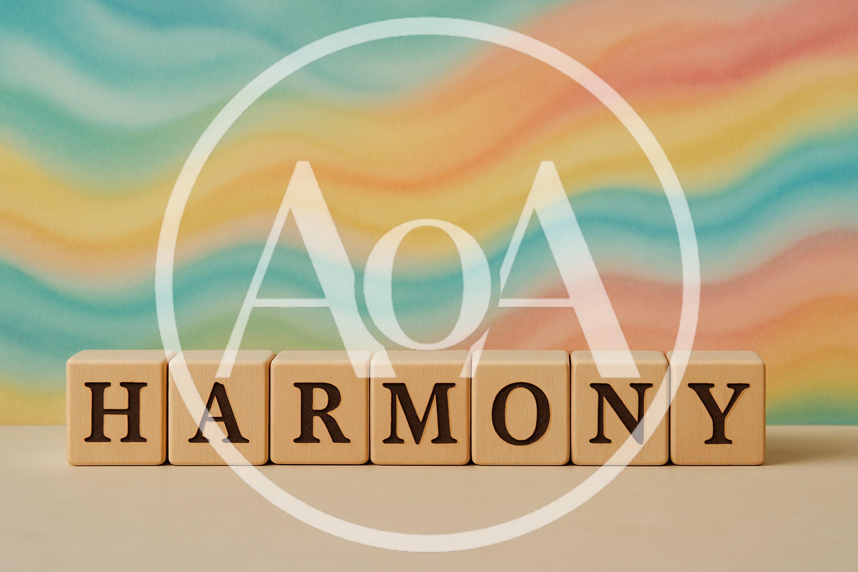 Wooden Blocks Spelling Harmony On A Colorful Wavy Background