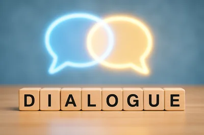 Wooden Blocks Spelling Dialogue With Glowing Speech Bubbles