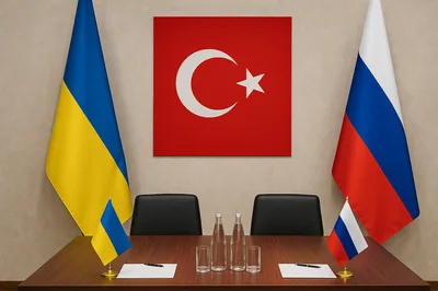 Diplomatic Negotiation Table With Ukrainian And Russian Flags