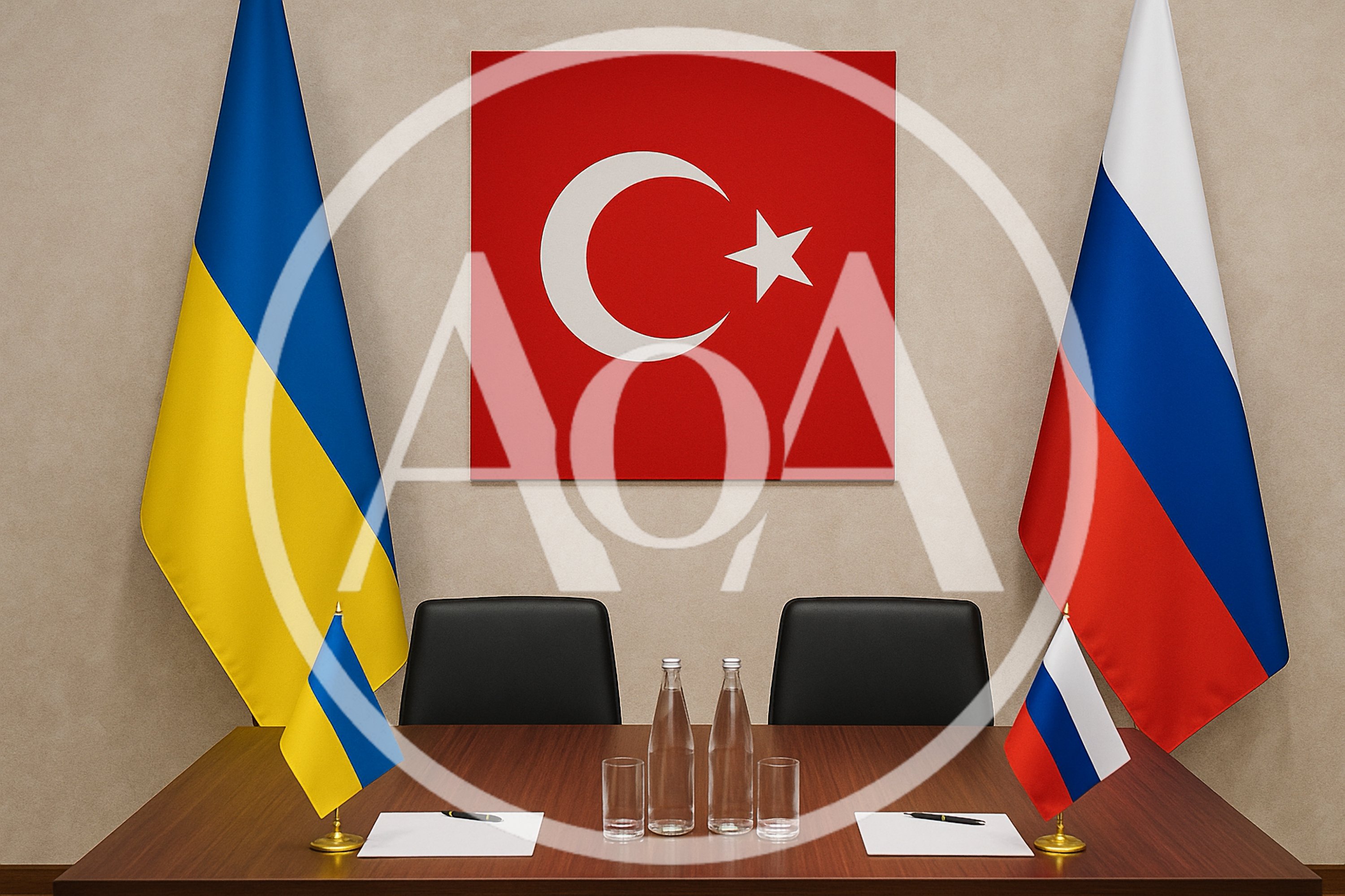 Diplomatic Negotiation Table With Ukrainian And Russian Flags