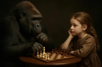 Gorilla And Young Girl Playing Chess