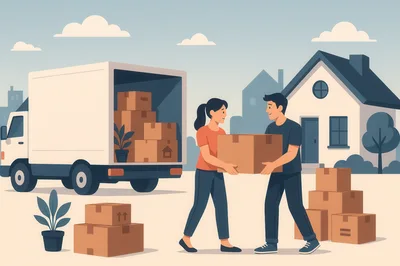 Couple Moving Boxes Into New Home