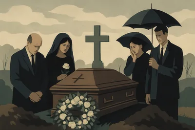 Mourners Standing Around A Casket At A Funeral