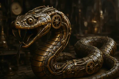 Steampunk Mechanical Snake Sculpture With Intricate Brass Details