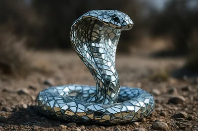 Mirrored Mosaic Cobra Sculpture In Desert Landscape