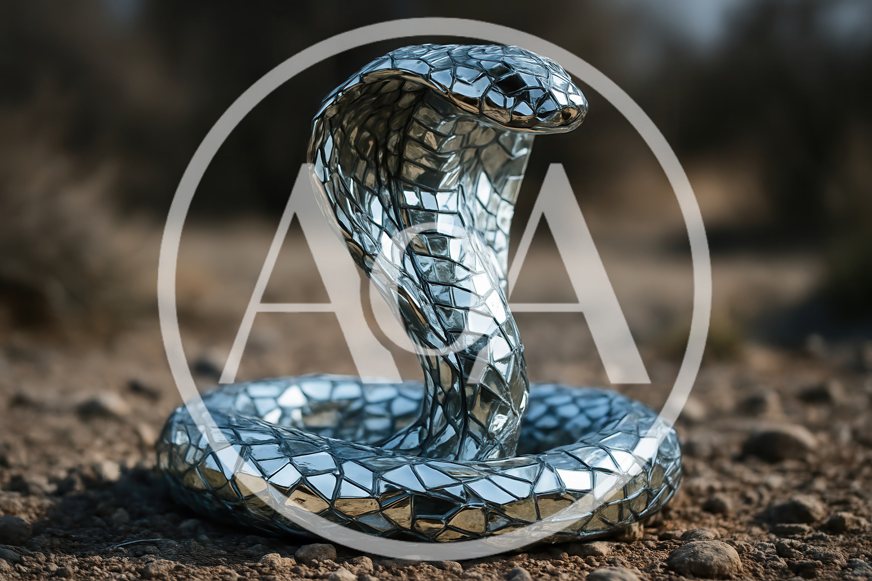 Mirrored Mosaic Cobra Sculpture In Desert Landscape