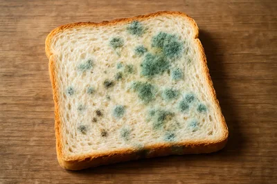 Single Slice Of Moldy Bread On Wooden Surface
