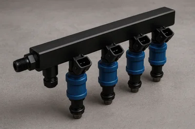 Automotive Fuel Rail With Four Blue Fuel Injectors