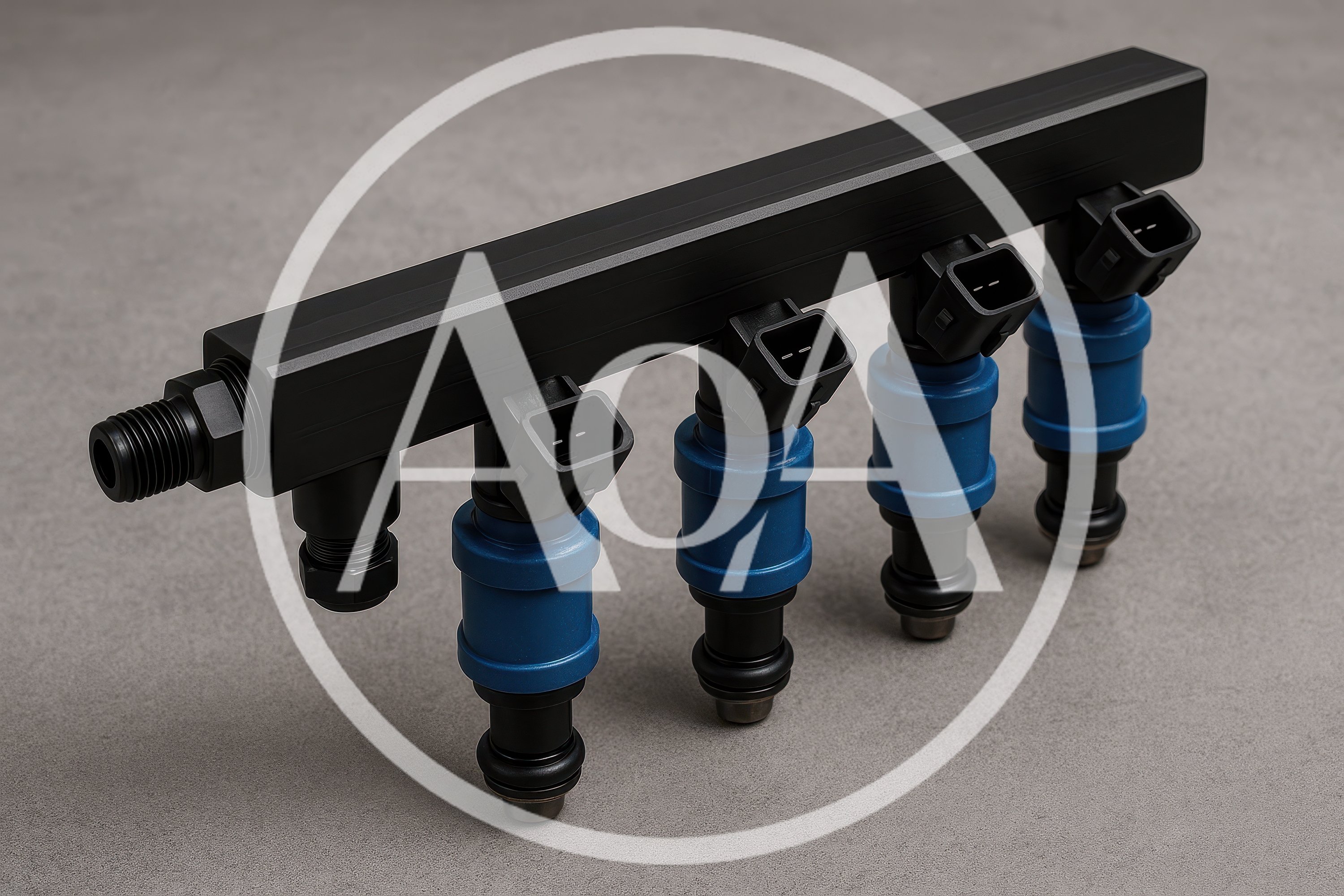 Automotive Fuel Rail With Four Blue Fuel Injectors