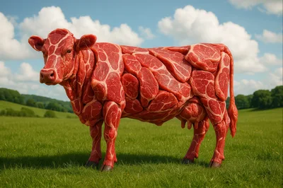 Surreal Cow Made Of Raw Meat In Green Field