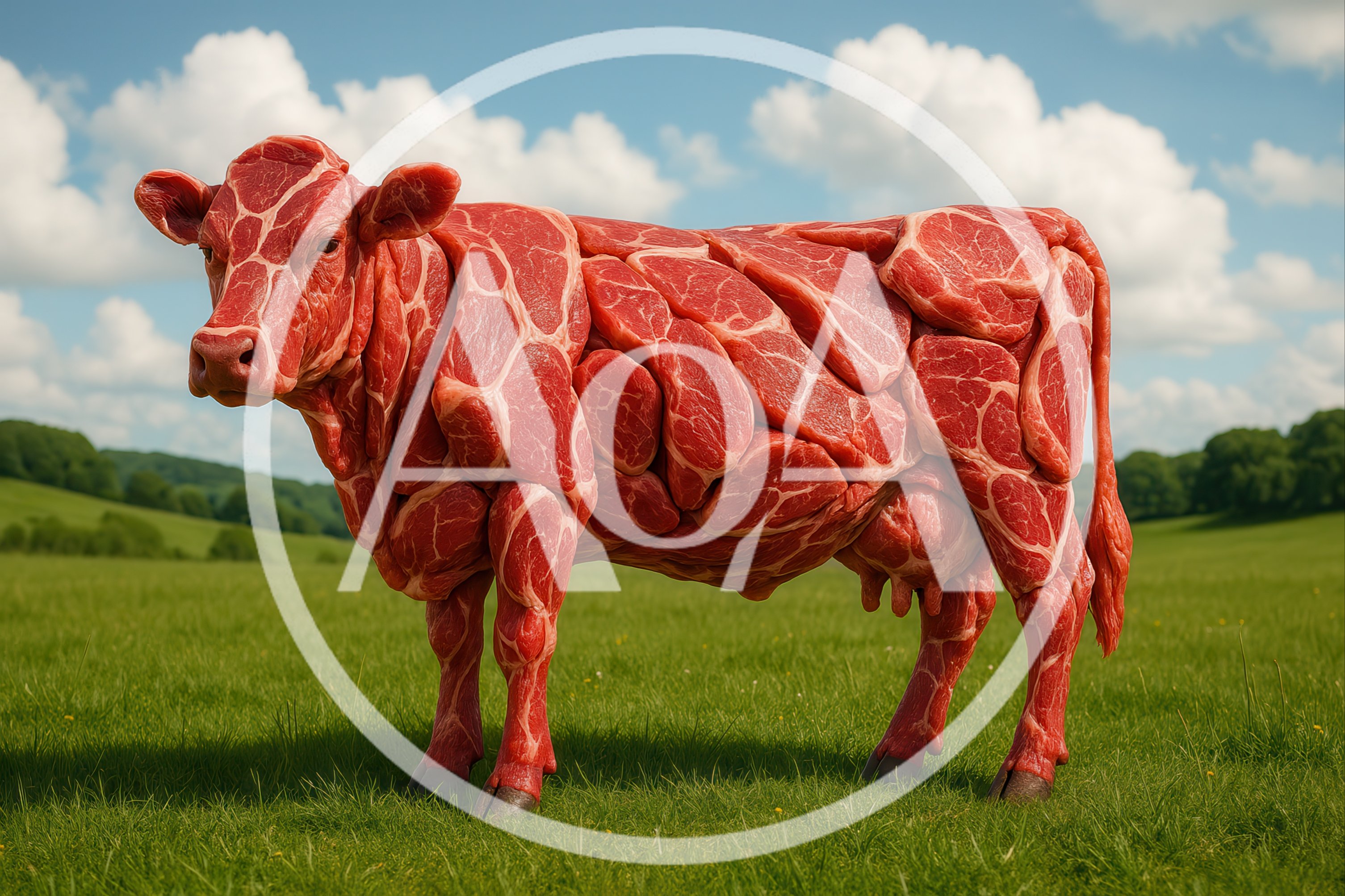 Surreal Cow Made Of Raw Meat In Green Field
