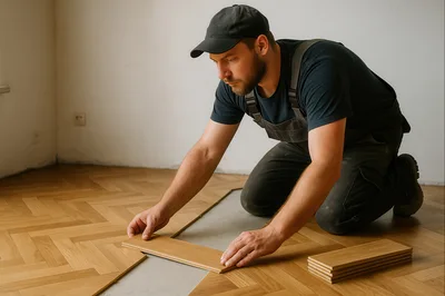 Professional Worker Installing Herringbone Pattern Wooden Flooring