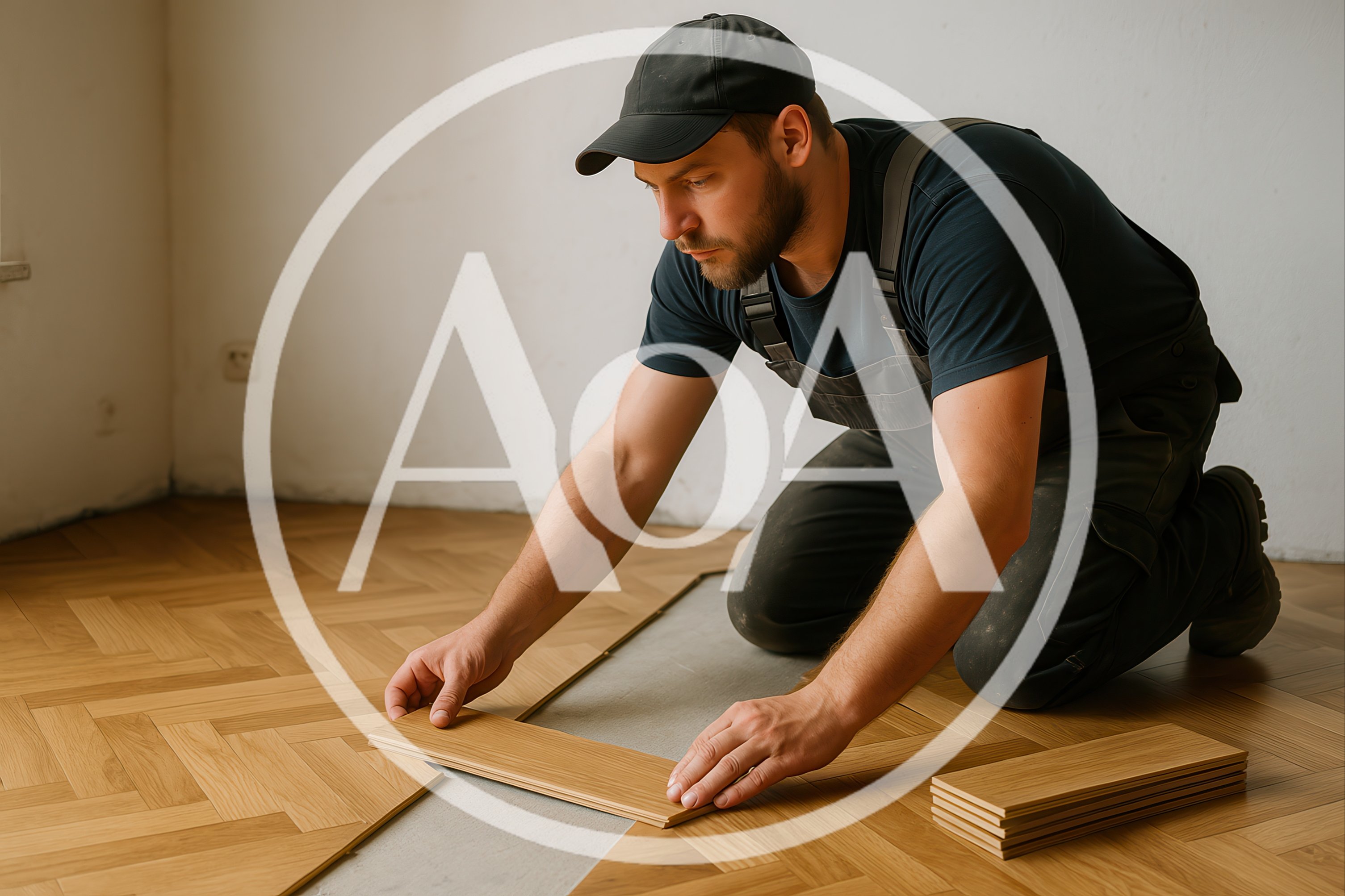 Professional Worker Installing Herringbone Pattern Wooden Flooring