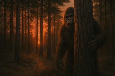 Bigfoot Peeking From Behind A Pine Tree At Sunset