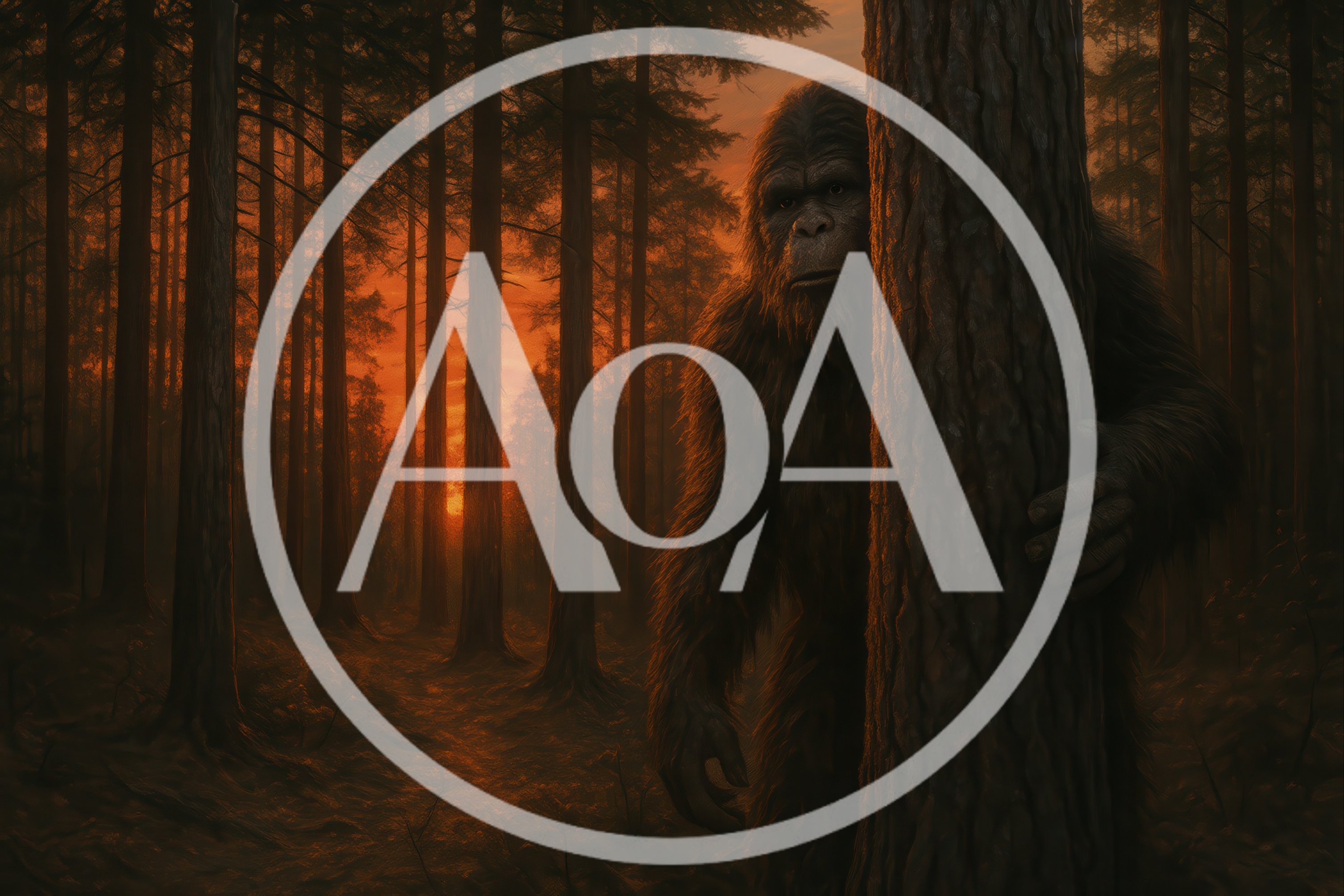Bigfoot Peeking From Behind A Pine Tree At Sunset