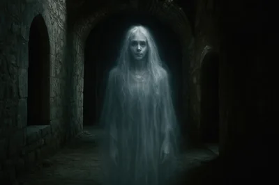 Ethereal Ghostly Woman Standing In Dark Stone Corridor