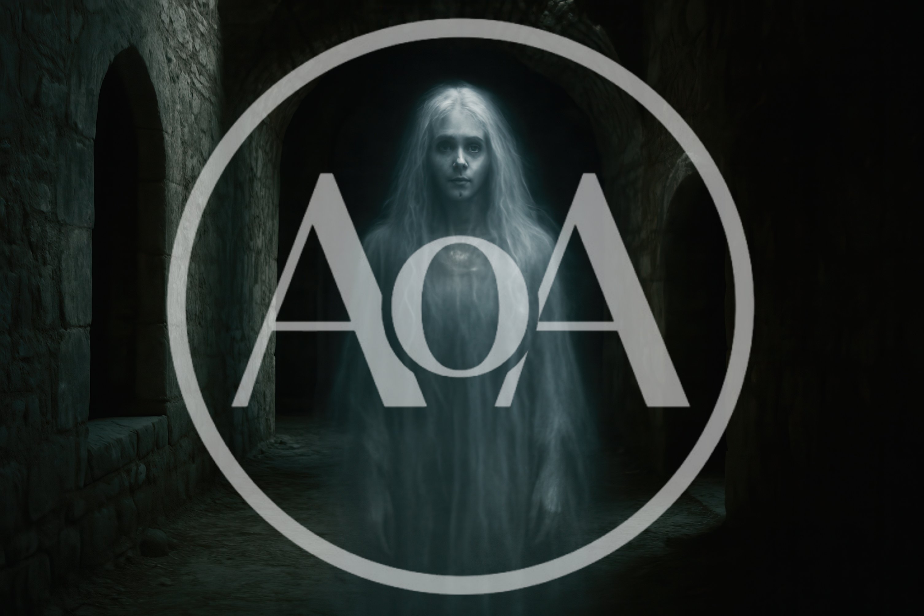 Ethereal Ghostly Woman Standing In Dark Stone Corridor