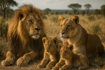 Lion Family Resting Together In The African Savanna