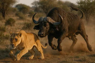 Lioness Running From Charging African Buffalo