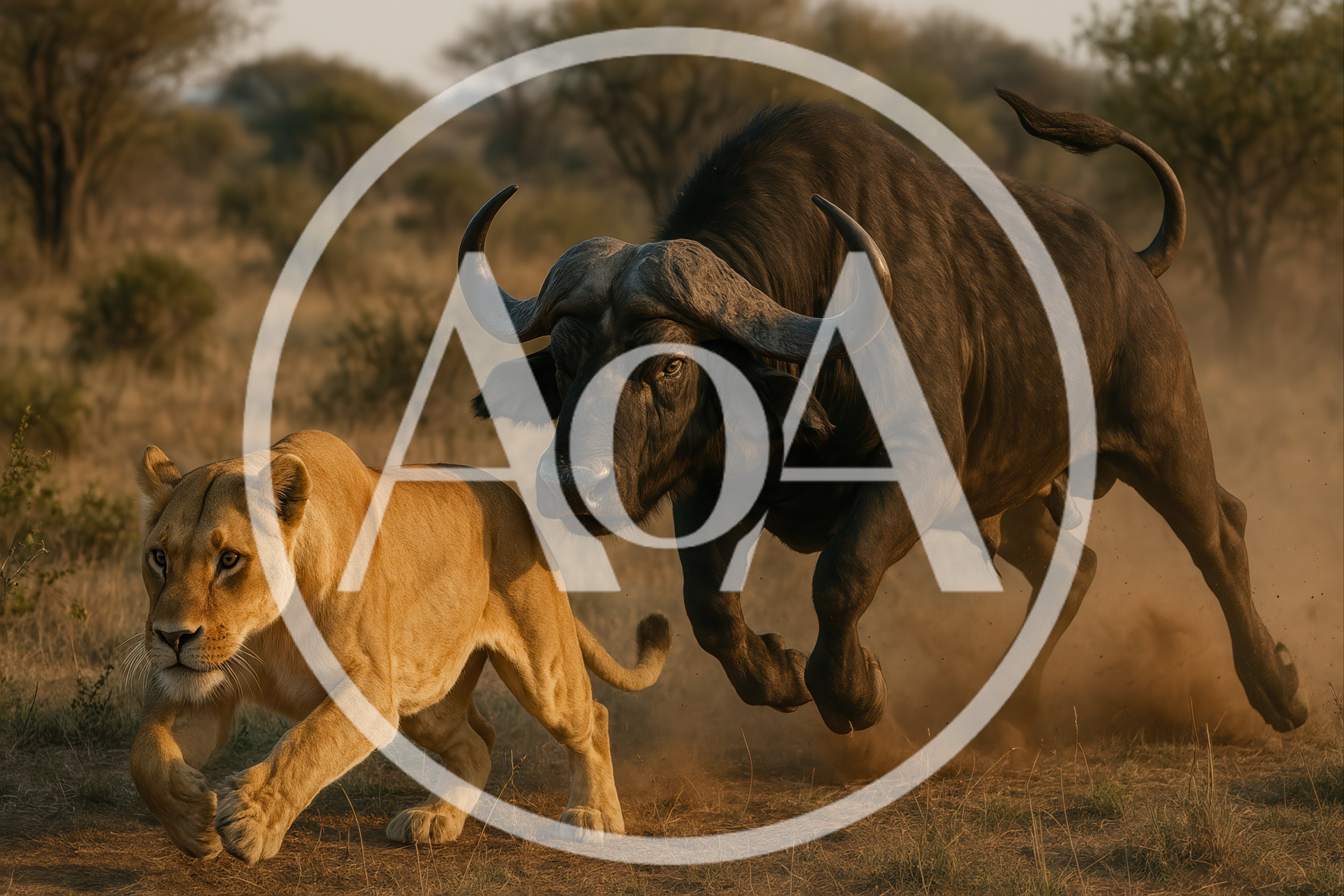 Lioness Running From Charging African Buffalo