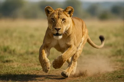 Lioness Running Across The African Savanna