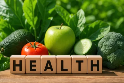 Wooden Blocks Spelling Health With Fresh Vegetables And Fruit