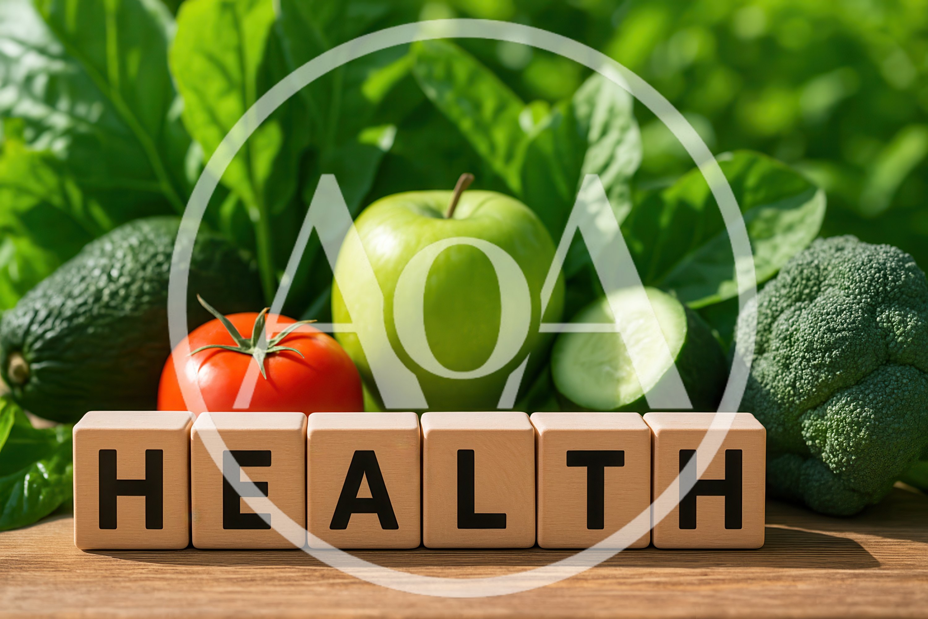 Wooden Blocks Spelling Health With Fresh Vegetables And Fruit