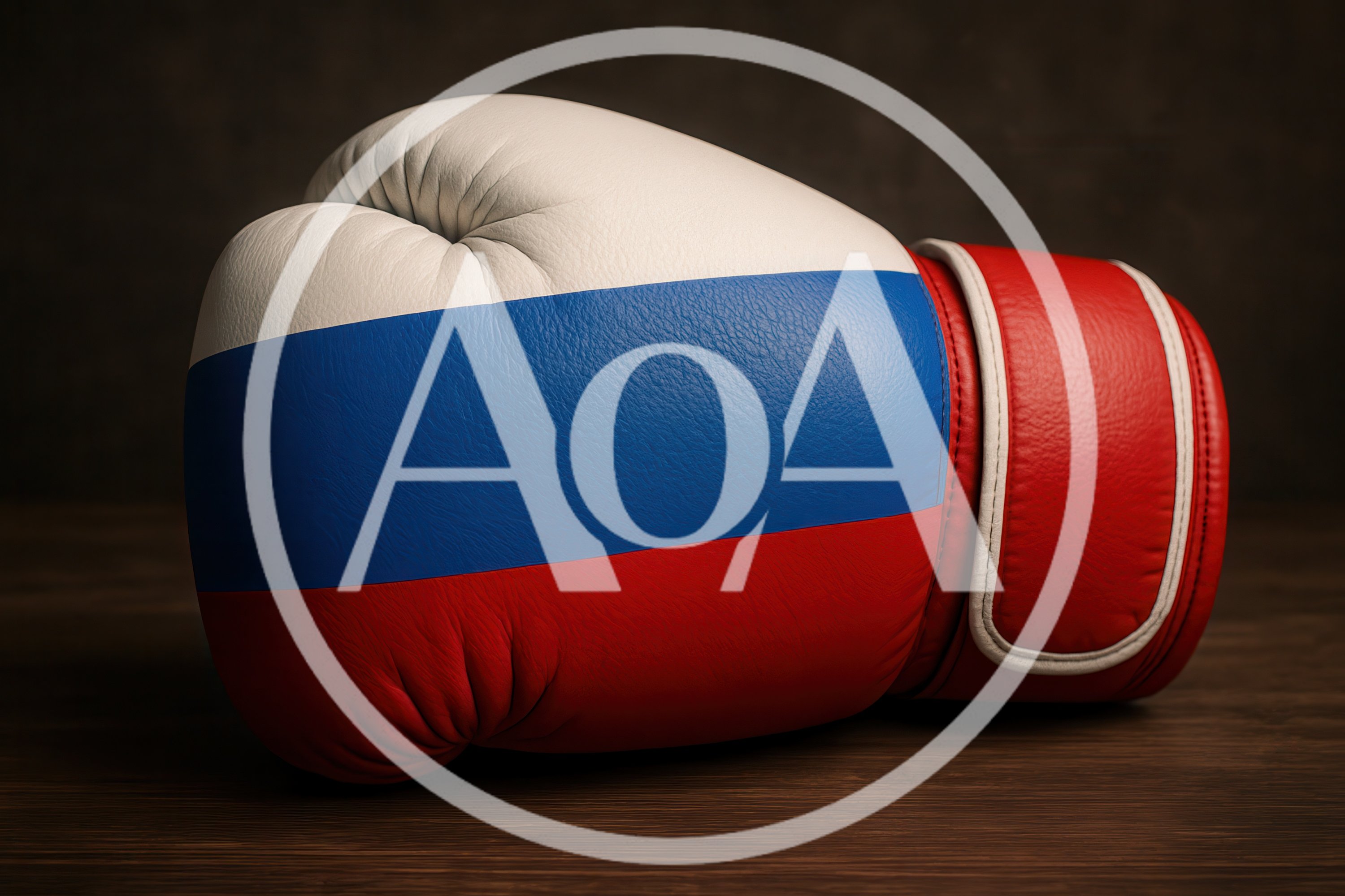 Russian Flag Boxing Glove on Wooden Surface