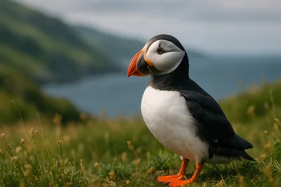 Atlantic Puffin Standing on Grassy Coastal Cliff