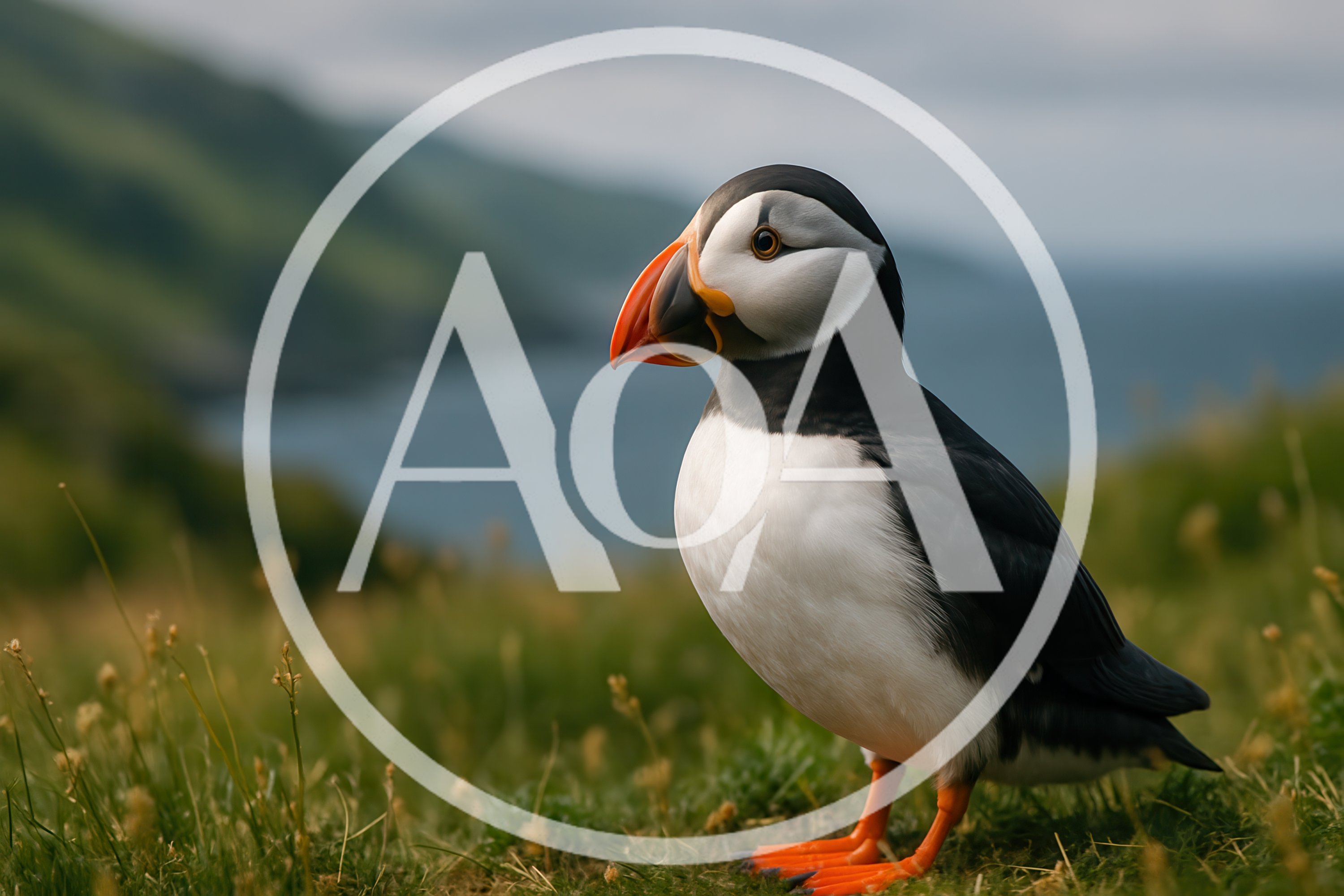 Atlantic Puffin Standing on Grassy Coastal Cliff
