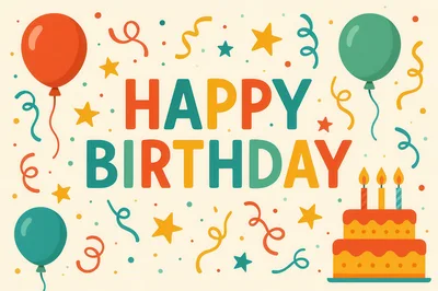 Happy Birthday Greeting Card With Balloons And Cake