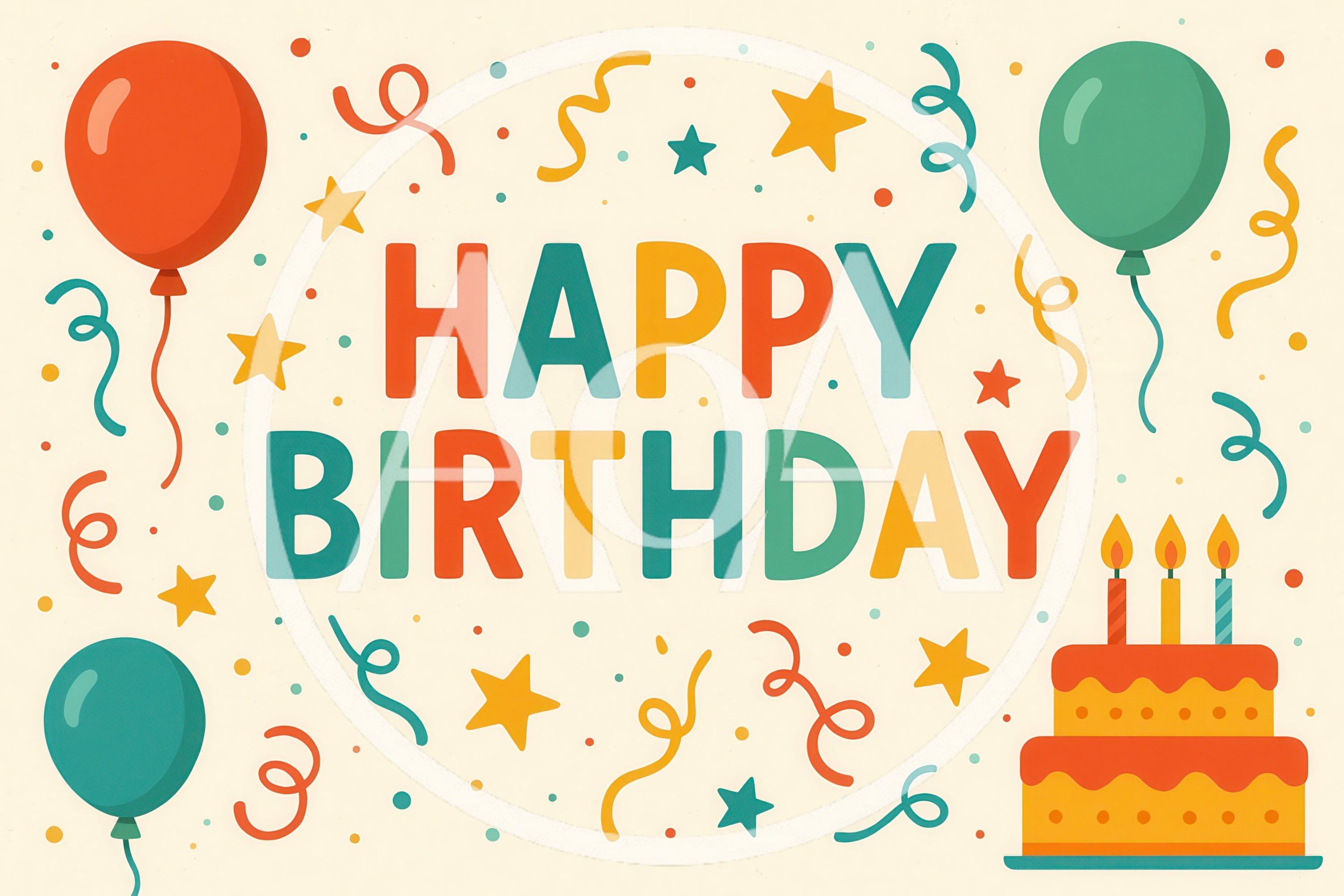 Happy Birthday Greeting Card With Balloons And Cake