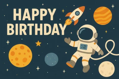 Happy Birthday Greeting Card With Astronaut And Space Elements