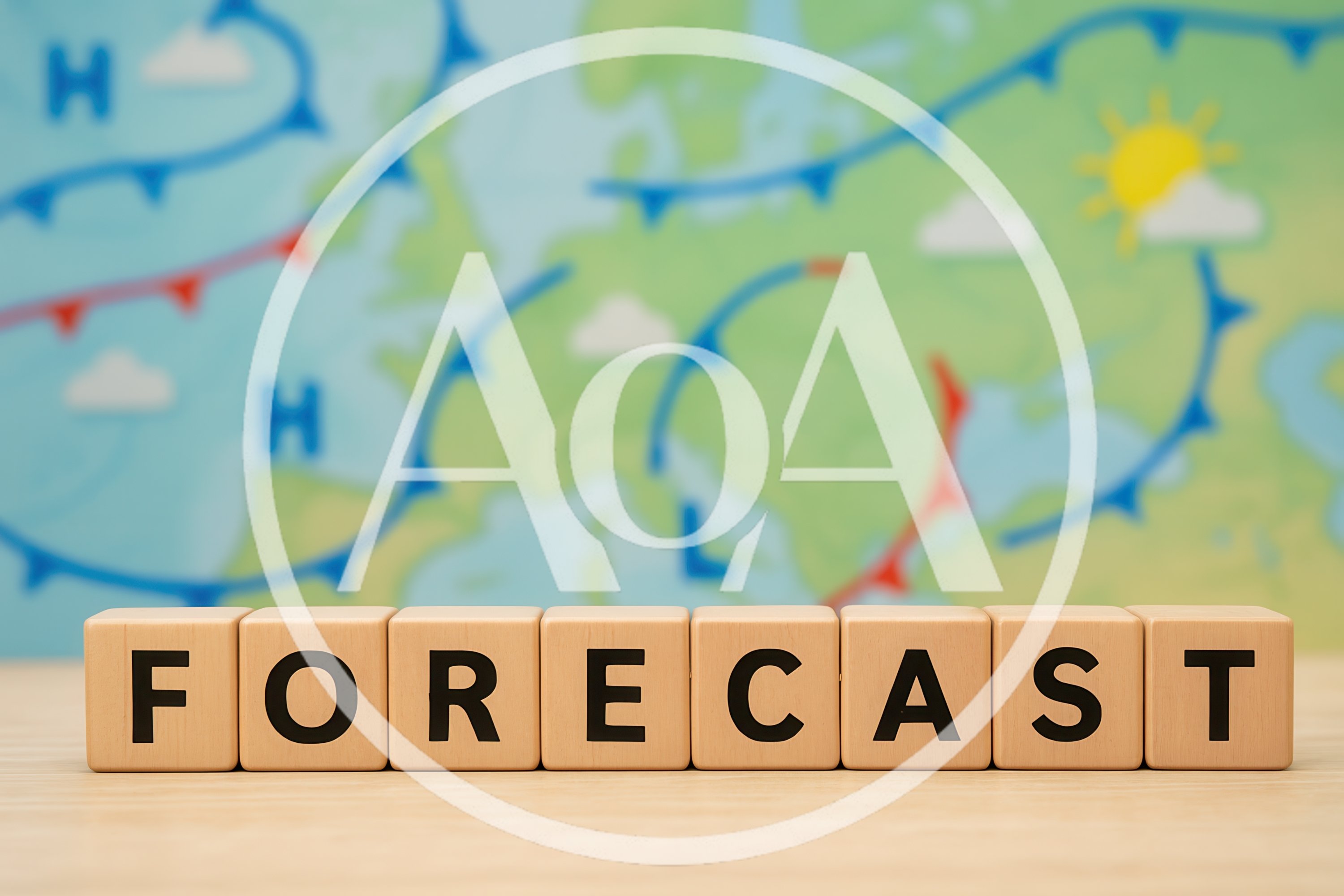 Wooden Blocks Spelling Forecast Against Weather Map Background