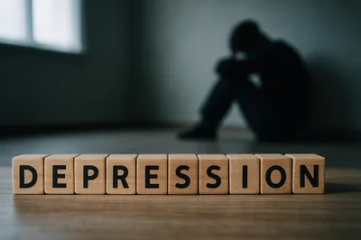 Wooden Blocks Spelling Depression With A Sad Person