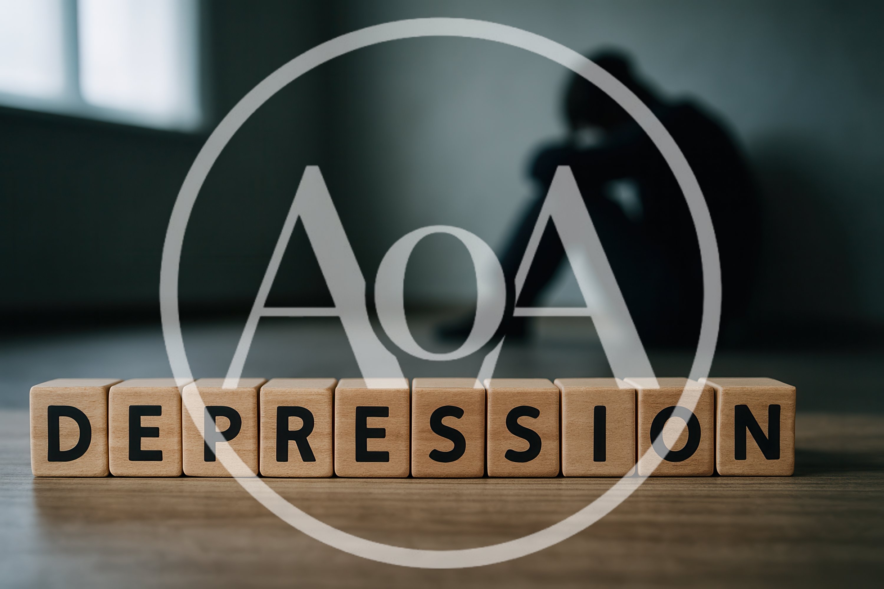Wooden Blocks Spelling Depression With A Sad Person